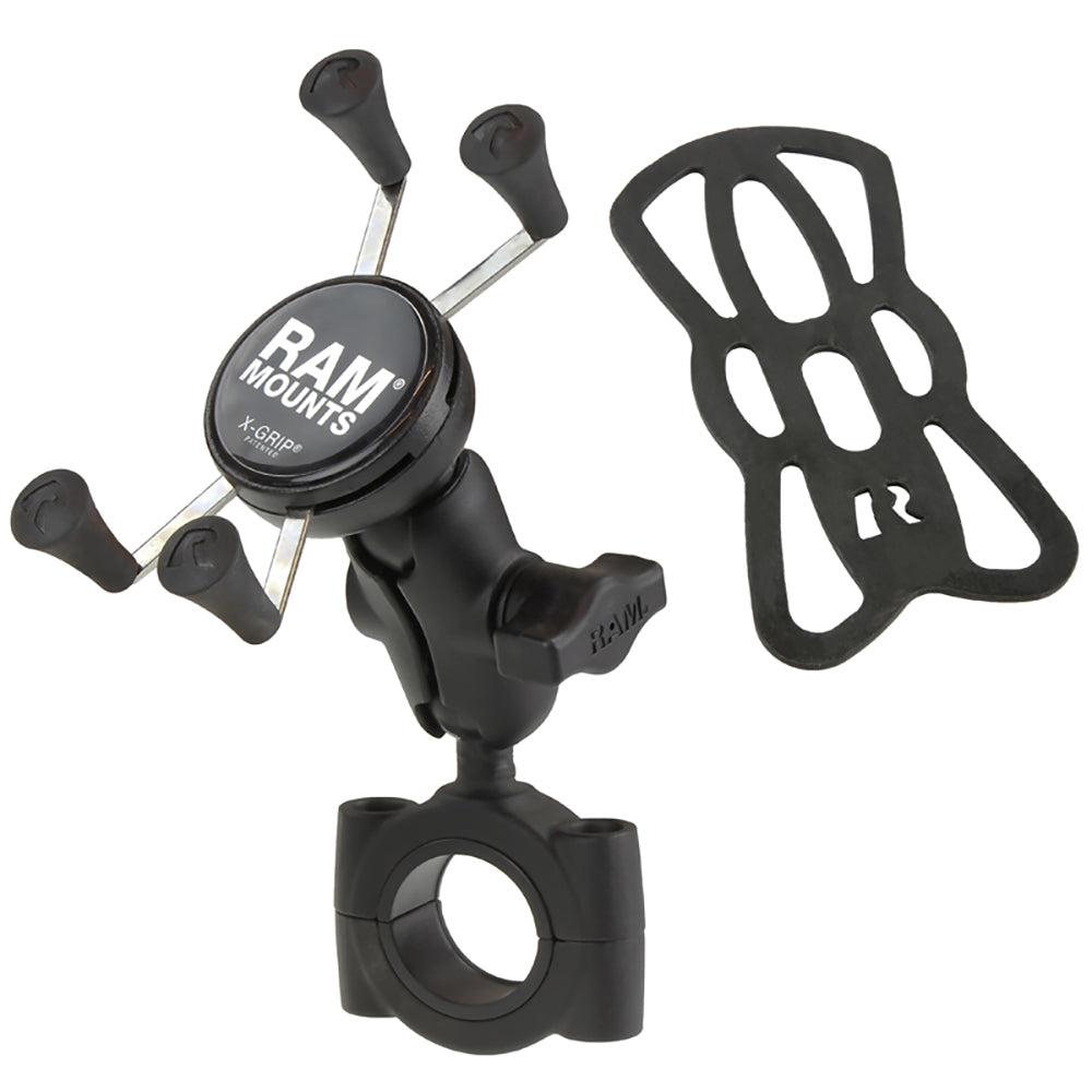 RAM Mount RAM Torque 1 1/8" - 1 1/2" Diameter Handlebar/Rail Base with B Size 1" Ball, Short Arm and X-Grip for Phones