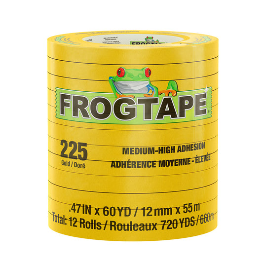 FrogTape CP 225 Medium-High Adhesion Masking Tape - 12MM x 55M x 12-Pack - Gold - Rated for 225F