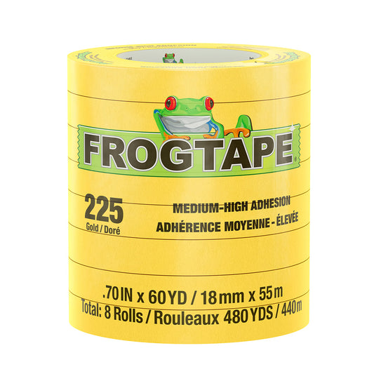 FrogTape CP 225 Medium-High Adhesion Masking Tape - 18MM x 55M x 8-Pack - Gold - Rated for 225F