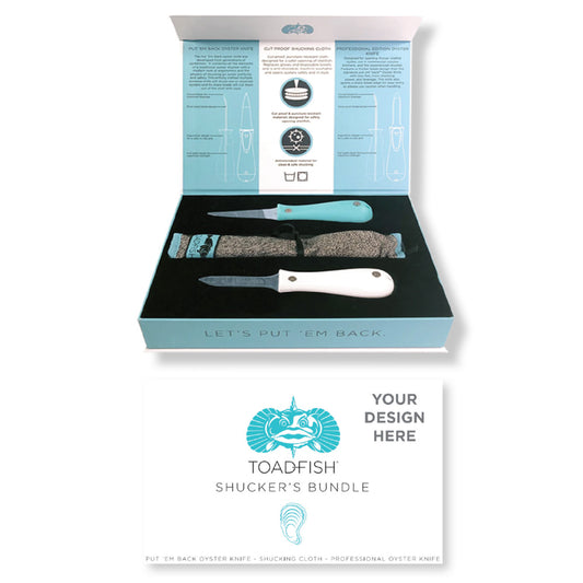 Toadfish Custom Engraved Shucker's Bundle - Teal Put 'Em Back Oyster Knife, Professional Oyster Knife  Cut-Proof Shucking Cloth - Knifes Are NOT Engraved (MINIMUM ORDER QUANTITY OF 25)