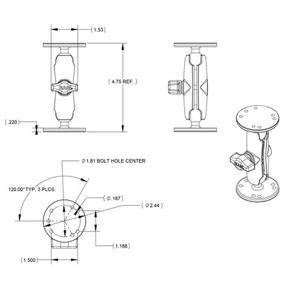 RAM Mount 1" Ball Double Socket Arm w/2 2.5" Round Bases - AMPS Hole Pattern
