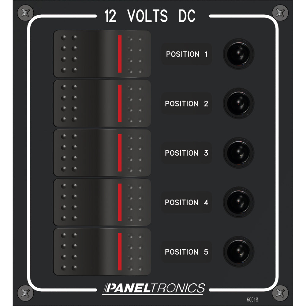 Paneltronics Waterproof Panel - DC 5-Position Illuminated Rocker Switch & Circuit Breaker [9960018B] | Electrical Panels by Paneltronics 