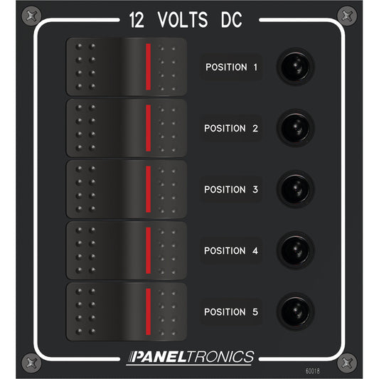 Paneltronics Waterproof Panel - DC 5-Position Illuminated Rocker Switch & Circuit Breaker [9960018B] | Electrical Panels by Paneltronics 