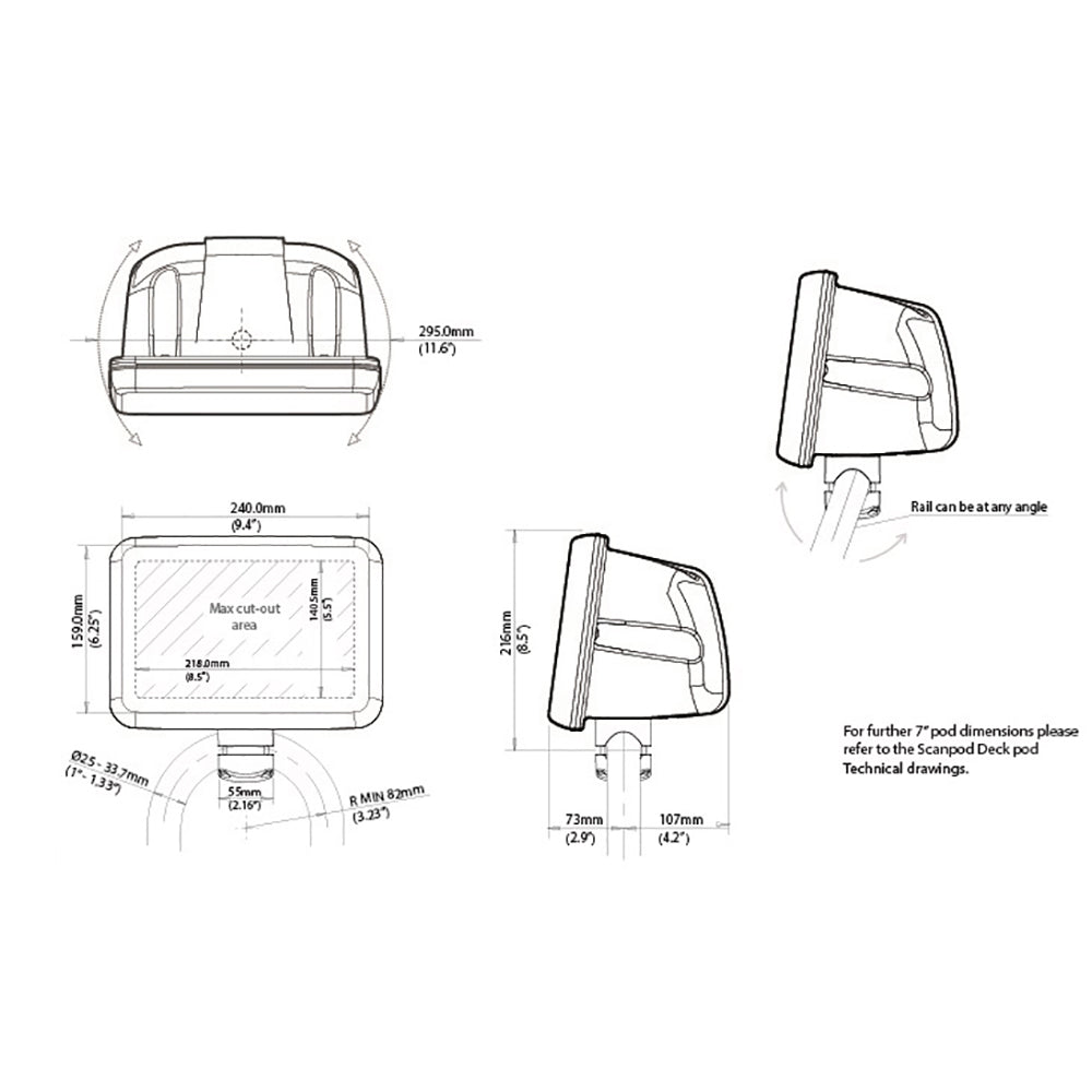 Scanstrut Scanpod 7" Helm Pod Rail Mount - Uncut - Fits 1" - 1.33" Rails [SPR-7-RM] | Display Mounts by Scanstrut 