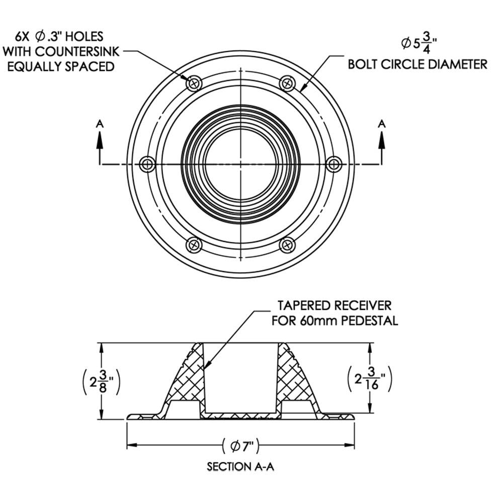 TACO Table Support - Surface Mount - Fits 2-3/8" Pedestals [Z10-4067BLY60MM] | Pedestals by TACO Marine 