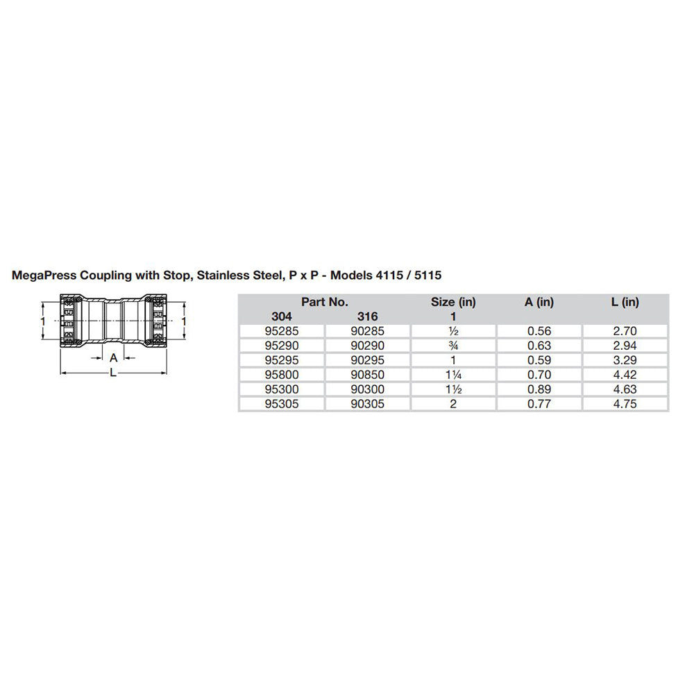 Viega MegaPress 1/2" Stainless Steel 304 Coupling w/Stop - Double Press Connection - Smart Connect Technology [95285]