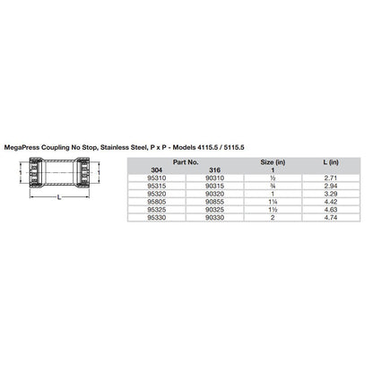 Viega MegaPress 1-1/2" Stainless Steel 304 Coupling w/o Stop - Double Press Connection - Smart Connect Technology [95325]