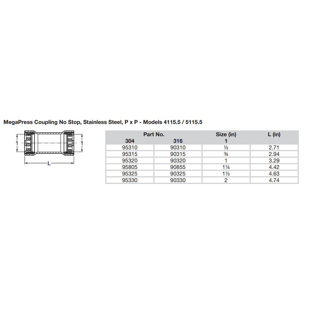 Viega MegaPress 2" Stainless Steel 304 Coupling w/o Stop - Double Press Connection - Smart Connect Technology [95330]